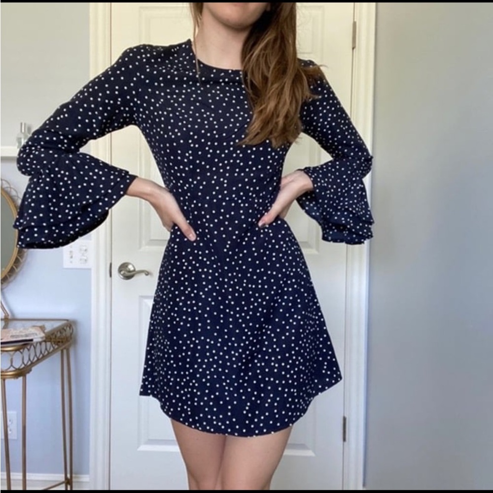 Princess Polly polka dot navy mini dress with bell sleeves size XS 0
